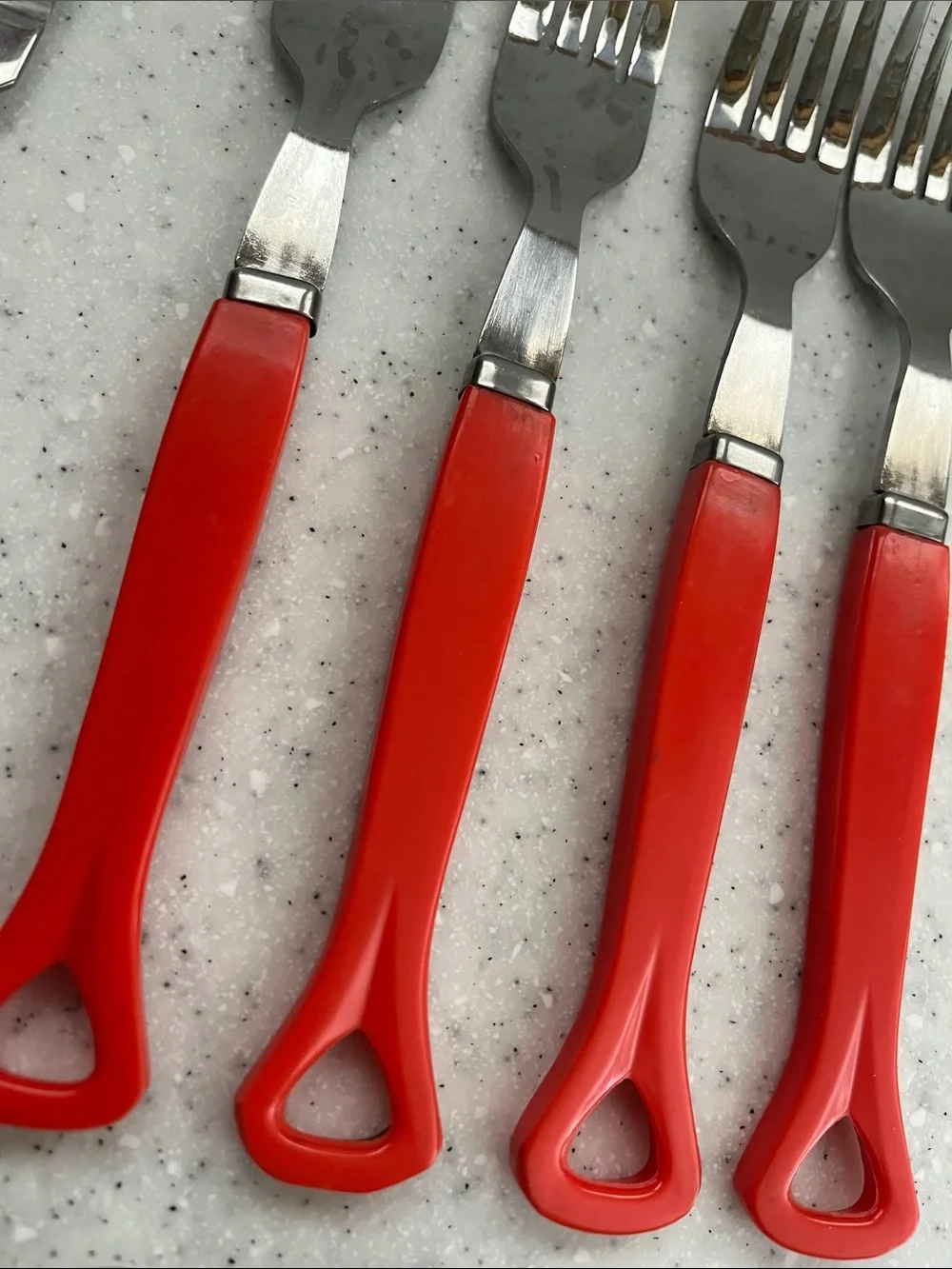 Vtg IIC Stainless Japan Red Handle Flatware 4 Settings 2 Serving Spoons *READ*